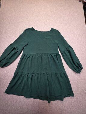 Amoretu Dark Green Tiered Swing Dress Long Sleeve Medium